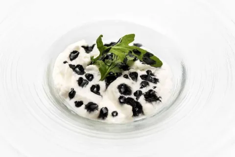 Ravioli de pollastre rostit amb crema de patata i oli de cafè