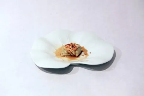 Ravioli d'Ànec, poma, ceps i reducció de Cervesa Estrella